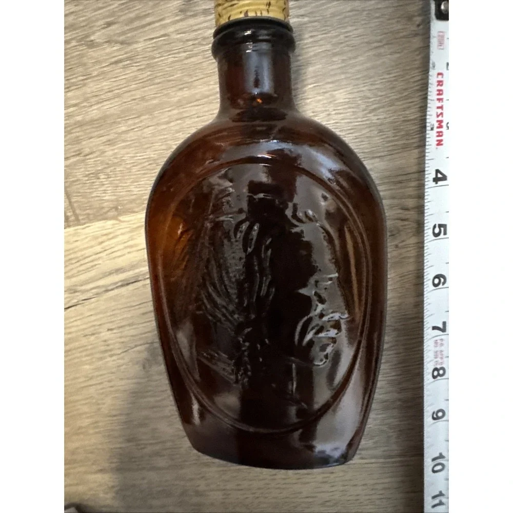 Vintage Log Cabin Syrup Bottle 10 oz‎ 9 Inch Amber Glass Indian Head 1950s Cork